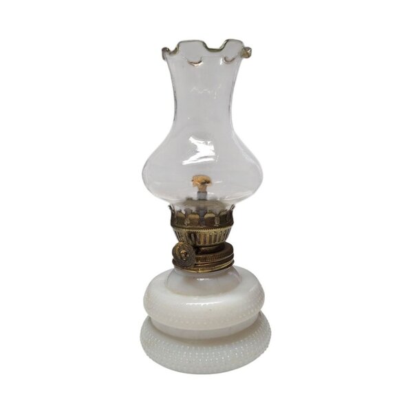 Milk Glass Oil Lamp Small 6.5 Inch Tall Bubble Base Hong Kong Vintage - Picture 1 of 8